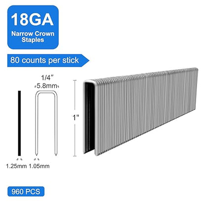18 Gauge 1/4" Narrow Crown 304 Stainless Steel Staples 1 Inch 960 Counts for 18 GA Pneumatic or Electric Stapler or Staple Gun