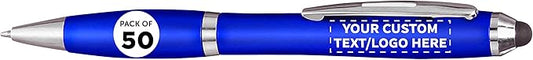 DISCOUNT PROMOS Custom Plastic Stylus Pens Set of 50, Personalized Bulk Pack - Black Ink, Great for Office, School, Business, Tradeshows, Events - Blue