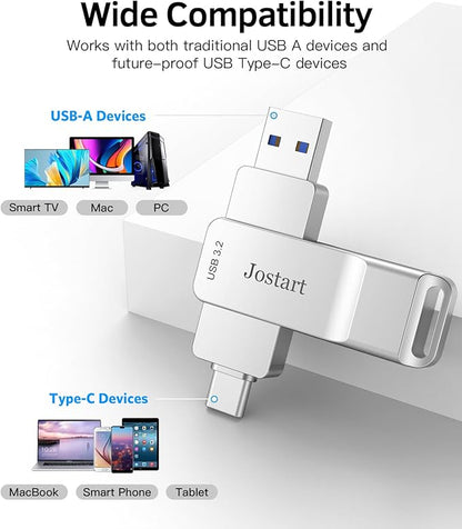 USB C Flash Drive 1 TB, 500MB/s High Speed Thumb Drive, USB 3.2 + Type C Dual Drive, Portable Memory Stick for iPhone15/16/PS4/Tablet/Laptop/PC Data Backup, Sliver
