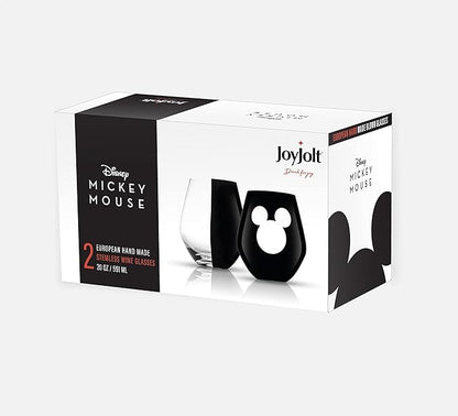 JoyJolt Disney Luxury Mickey Mouse Stemless Wine Glasses Set. 2x European Crystal Glass Drinking Glasses. Premium Xmas Stuff, Gifts and Cups. 20oz Black Wine Glass, Disney Wine Glass