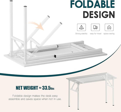 DlandHome Computer Desk 39’’ with LED Lights & Power Outlets,Folding Desk with Monitor Stand, Writing Desk Home Office Desk, Fully Assembled,White