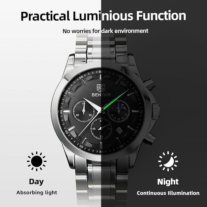 BY BENYAR Mens Watches Analog Quartz Chronograph Waterproof Wrist Watches for Men Fashion Business Work Casual Sport Designer Dress Watch with Calendar Elegant Gifts for Men