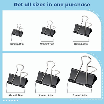 208 PCS Binder Clips Paper Clamps Assorted Sizes, Metal Paper Binder Clip, Black Binding Paperwork Clamp Bulk, School Teachers Office Supplies