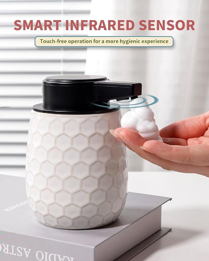 Automatic Soap Dispenser, Touchless Foaming Dish Soap Dispenser 13OZ/384ml, Ceramic White Foam Soap Dispenser Bathroom Kitchen, Waterproof, USB C Rechargeable, ANTIS'S HOME