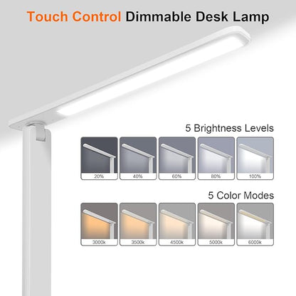 shinelife LED Desk Lamp for Office Home, Bright Desk Light with USB Charging Port, Adjustable Dimmable Desk Lamps 5 Modes 5 Brightness, Touch Study Lamp for Nail, Craft, Puzzle, Sewing, Study, White
