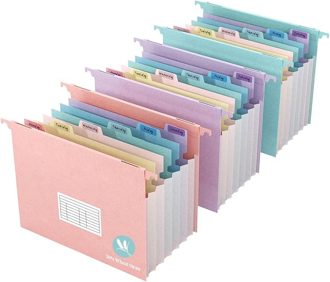 Expanding Hanging File Folders for Filing Cabinet, 7 Accordion Pockets with 1.2'' Expandable File Cabinet Organizer, Multi-Color Tabs, Letter Size, 50% Wheat Straw - 3 Packs (Assorted Colors)