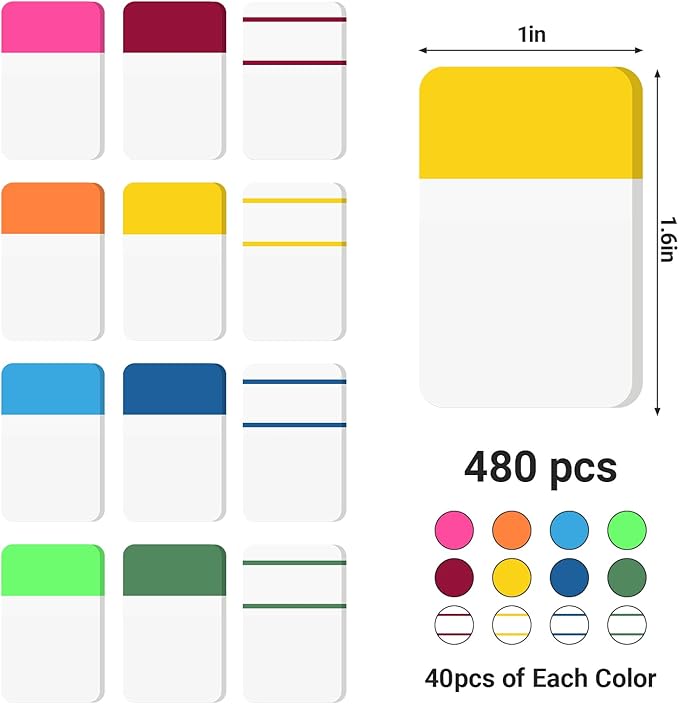 EUSOAR Sticky Tabs, 480 Pcs 1x1.6 Inch Multi-Colored Page Markers Sticky Index Transparent Flags Tabs Strip, Repositionable Labels Self Adhesive Flags Tab Strip for Binders Notebook Folders