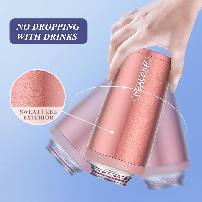 4 in 1 Insulated Slim Can Cooler for 12 OZ Cans and Beer Bottle - Keep 8 Hours Cold, Easy to Hold - Stainless Steel Can Holder, Double Walled Can Insulator for Hard Seltzer and More (Rose Gold)
