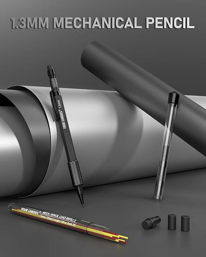 Four Candies 1.3mm Mechanical Pencil Set with 24 Lead Refills, Metal Weatherproof Heavy Duty Outdoor Carpenter Pencil, Eraser, 6 Eraser Refills for Architect Drafting Woodworking Marking with Case