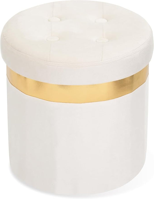 Small Ottoman with Storage,Folding Round Ottoman with Gold Trim,Velvet Storage Stool,Foot Stool with Soft Padded,Foot Rest for Living Room13“x13”x12.4(Beige,1pcs)