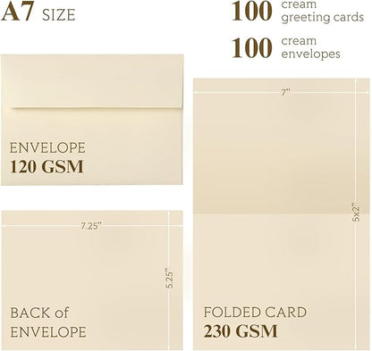 Goefun Cream Blank Cards and Envelopes, 5x7 Folded Ivory Cardstock and A7 Envelopes Self Seal 100 Pack for Wedding, Invitations, DIY Greeting Cardstock, Thank You Cards & All Occasion