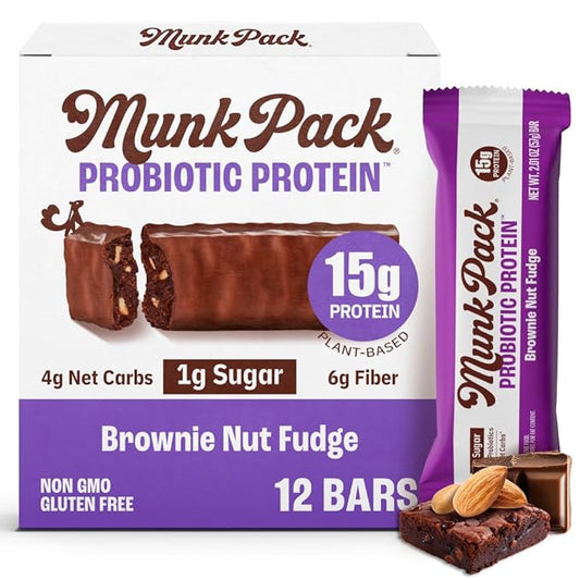 Munk Pack Brownie Nut Fudge Keto Protein Bars Stocking Stuffers | 15g Protein, 1g Sugar, 4g Net Carbs | Vegan, Plant-Based Snacks for Gut Health | 12 Count