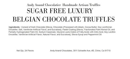 Andy Anand Chocolatier Sugar Free Belgian Chocolate Truffles with 6 Assorted Flavors, Espresso, Hazelnut, Strawberry, Coconut, Cherry, & Orange, Gluten Free Chocolate Gift Box (24 Pcs)