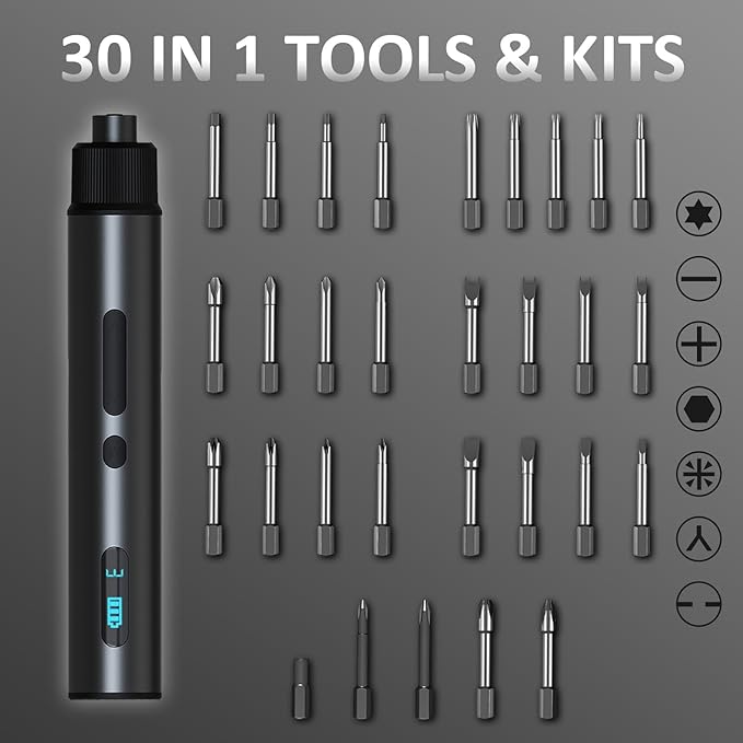 Cordless Electric Screwdriver Set with Storage Case, 3-Speed Torque (Max 7N.m) Power, Rechargeable 2000mAh Battery, 30 Magnetic S2 Steel Bits, LED Light for Phone/Laptop/Camera/Watch/DIY Repair