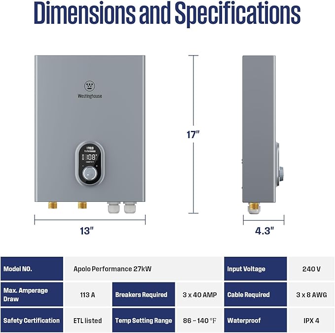 Westinghouse 27kW 240V Tankless Water Heater Electric, Instant Hot Water Heater, On Demand Hot Water, Smart WiFi Control, Compatible with Alexa & Google Home, (APOLO-27kw)