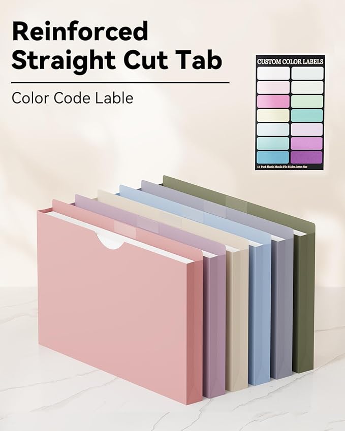 ANSOOK Plastic File Jackets,1" Legal Size Manilla Folder,12 Pack Project File Folders,Heavy Duty Accordion Pocket for Cabinet,Straight Cut Tab,Morandi Color Manila Job Folder for Home Office School