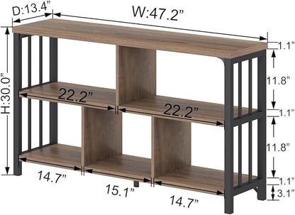 IBF 5 Cube Storage Organizer, Industrial Low Horizontal Bookshelf, Modern Wide Wood and Metal Bookcase with Book Storage, Short Open Cubby Book Shelf for Office Bedroom Living Room, Rustic Oak, 47 in