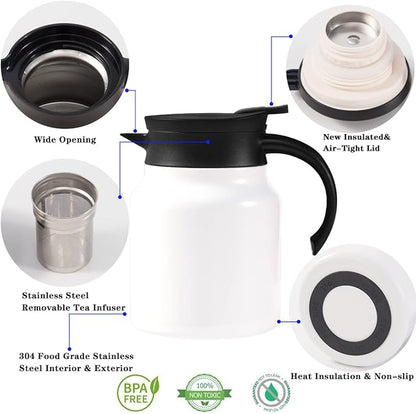 34oz Thermal Coffee Carafe with Tea Infuser/Smart Double Walled Vacuum Thermo with LED Display/Stainless Steel Tea Carafe/Tea Pot /12 Hour Heat & 24hr Cold Retention (White)