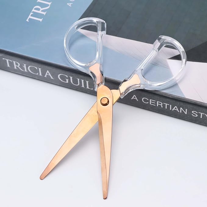 6 Inch Office Scissors Clear Acrylic Handles Rose Gold Craft Scissor Semi-Circular Grip Fabric Shears Stainless Steel Sharp Blades Round Tips for Paper Thread (Rose Gold)