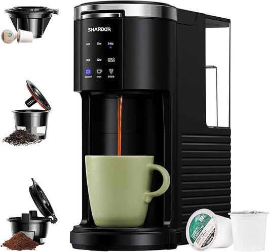 SHARDOR 3 in 1 Single Serve Coffee Machine, K Cup Coffee Maker Compatible with Ground Coffee & Teas, 6 to 14oz Brew Sizes, 40oz Removable Water Tank, Descale Settings, Black