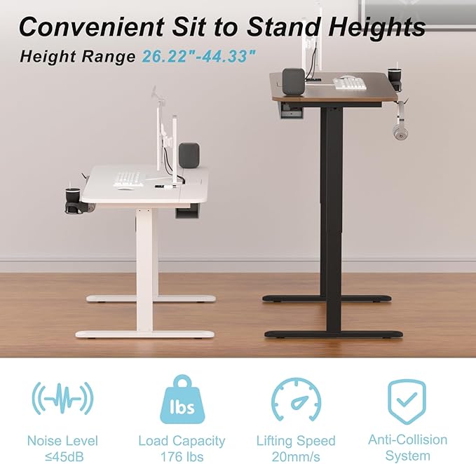 Standing Desk with Cable Management Tray, 48"x24" Electric Height Adjustable Sit Stand Desk, Memory Presets, Anti-Collision, Workstation for Home Office, White Top White Frame