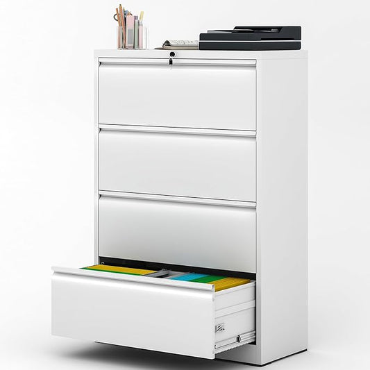 File Cabinet with Lock, 4 Drawer Lateral Filing Cabinet for Home Office, White Metal Heavy Duty File Cabinets for Hanging Letter/Legal/F4/A4 Size Files, Assembly Required