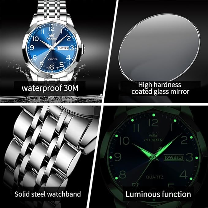 OLEVS Watch for Men Luxury Dress Analog Quartz Stainless Steel Waterproof Luminous Date Diamond Business Two Tone Casual Wrist Watch