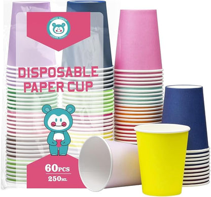 Disposable Paper Cups, 60pcs Color Paper Cups For DIY Wedding Party Picnic BBQ Travel and Event 8OZ (12 Multicolor)
