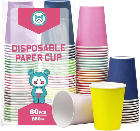 Disposable Paper Cups, 60pcs Color Paper Cups For DIY Wedding Party Picnic BBQ Travel and Event 8OZ (12 Multicolor)