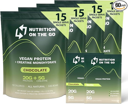 Vegan Protein Powder Packets with Creatine – 20g Plant Proteins + 5g Creatine – Single-Serve Travel Protein Powder – All-Natural, Gluten-Free – Variety Pack (Vanilla & Chocolate) – 60-Pack
