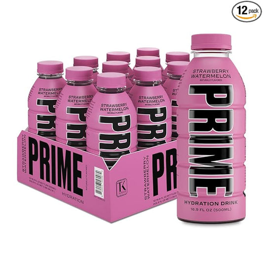 PRIME Hydration STRAWBERRY WATERMELON, Sports Drinks, Electrolyte Enhanced for Replsnishing Fluids, 250mg BCAAs, B Vitamins, Antioxidants, Low Sugar, 16.9 Fl Oz, 12 Pack
