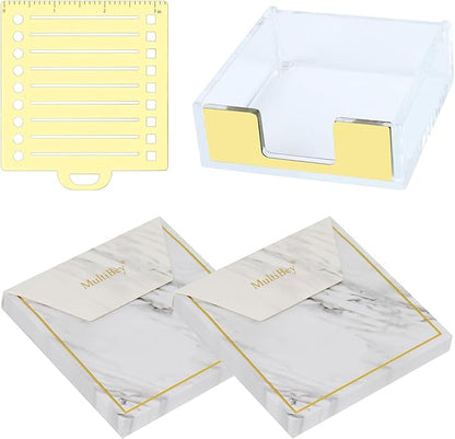 Buqoo Gold Acrylic Sticky Note Holder with Metal Stencil, 2* Sticky Notes 3"x3", Post It Note Dispenser Sticky Note Pad Holder Organizer for to Do Lists, Grocery Lists, Project Lsts It Holds