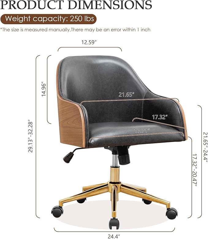 Genuine Leather Office Desk Chair, Adjustable Height Small Modern Comfortable Walnut Vanity Chair, Gold Legs Mid Back 360 Swivel for Home Office, Bedroom, Study, Meeting Room(Vintage Black)