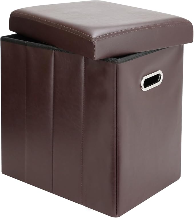 Tall Ottoman with Storage, Faux Leather Collapsible Slim Folding Ottoman Furniture with Handles Lid for Room Footrest Foot Stool, Brown 16.5x16.5x11.8in