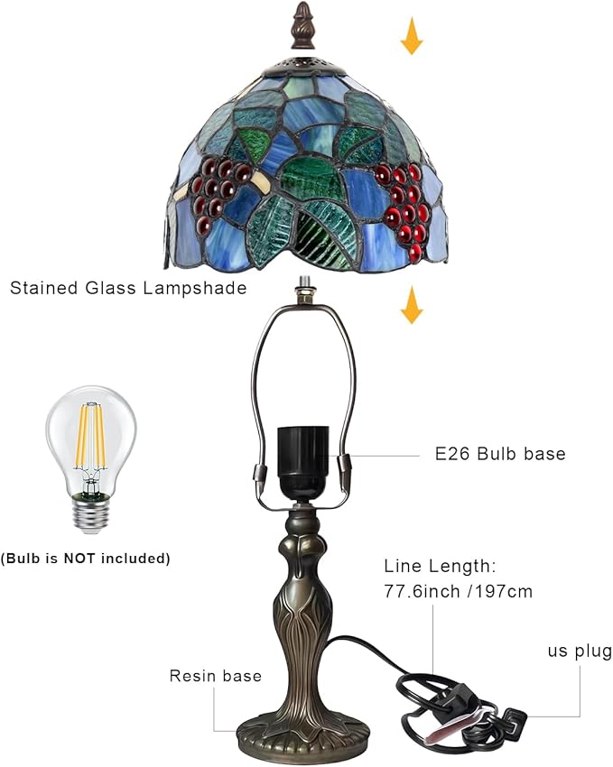 Stained Glass Lamp, Grape Style Table Lamp, 8 Inch Small Antique Lamp, for Bedside Nightstand Bedroom Living Room Home Office