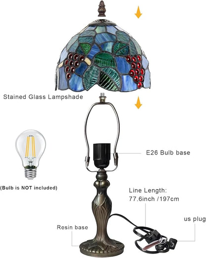 Stained Glass Lamp, Grape Style Table Lamp, 8 Inch Small Antique Lamp, for Bedside Nightstand Bedroom Living Room Home Office