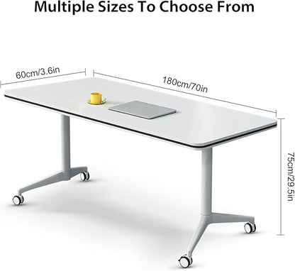 Conference Table,Folding Conference Table with Silent Wheels,Rectangular Business Conference Room Table,for Reception Offices Classrooms Meeting Training Room (10, White, 70.8in)