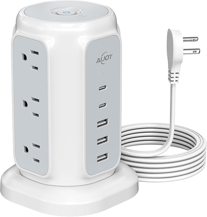AiJoy Flat Plug Power Strip Tower 9 Outlets and 5 USB Ports (2 USB-C), 1200J Surge Protection, 6.5ft 1625W Extension Cord Charging Station for Home, Office Supplies, Dorm Essentials
