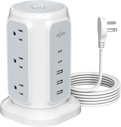 AiJoy Flat Plug Power Strip Tower 9 Outlets and 5 USB Ports (2 USB-C), 1200J Surge Protection, 6.5ft 1625W Extension Cord Charging Station for Home, Office Supplies, Dorm Essentials