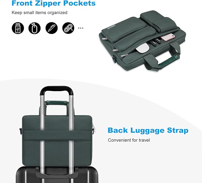 MOSISO Laptop Shoulder Bag 15.6 inch, 15-15.6 inch Computer Bag Compatible with MacBook Pro 16 inch, HP, Dell, Lenovo, Notebook with 2 Raised&1 Flapover&1 Horizontal Pocket&Handle&Belt, Emerald Green