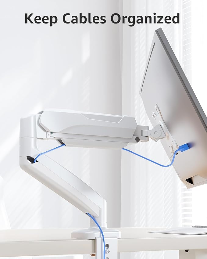 MOUNTUP Single Monitor Desk Mount Holds Screen up to 32 inch, Adjustable Gas Spring Monitor Arm, Computer Monitors Stand with Clamp/Grommet Mounting Base, VESA Mounts Fit 4.4-17.6lbs Computer, White