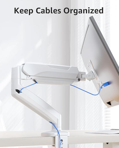 MOUNTUP Single Monitor Desk Mount Holds Screen up to 32 inch, Adjustable Gas Spring Monitor Arm, Computer Monitors Stand with Clamp/Grommet Mounting Base, VESA Mounts Fit 4.4-17.6lbs Computer, White