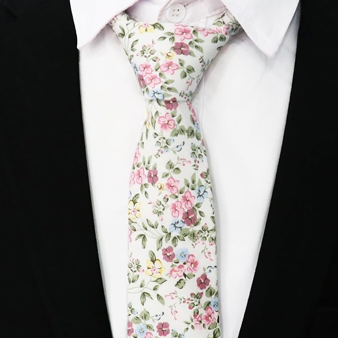 Cotton Floral Ties for Men 2.76" Men's Skinny Tie Linen Flower Printed Neck Tie for Wedding Dating Party