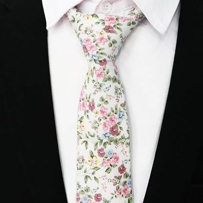Cotton Floral Ties for Men 2.76" Men's Skinny Tie Linen Flower Printed Neck Tie for Wedding Dating Party