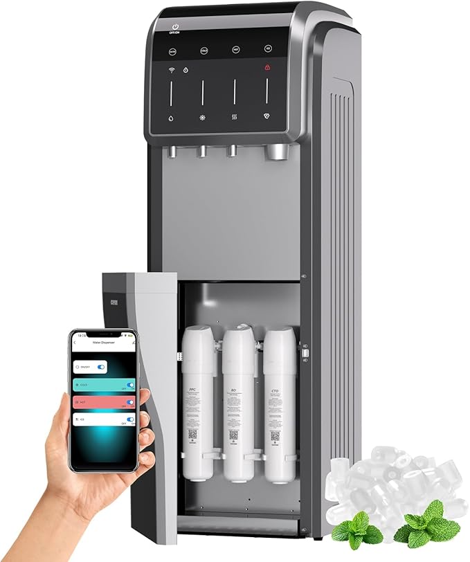 ICEPURE 6-in-1 Bottleless Water Cooler with Ice Maker with 3-Stage Reverse Osmosis Filters, WiFi, Bullet and Crushed Ice, 35lbs/24H, Hot and Cold Water, Child Lock, Stainless Steel