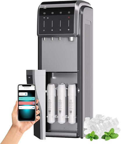 ICEPURE 6-in-1 Bottleless Water Cooler with Ice Maker with 3-Stage Reverse Osmosis Filters, WiFi, Bullet and Crushed Ice, 35lbs/24H, Hot and Cold Water, Child Lock, Stainless Steel