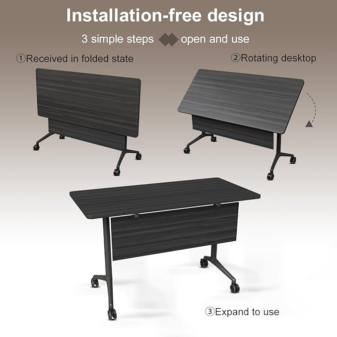 Folding Conference Table, Rectangular Conference Room Tables, Mobile Modular Training Table, Solid Steel Frame,Thickened Panel,for Offices,Meeting Room,Offices andSchools (4, Ebony, 55in)