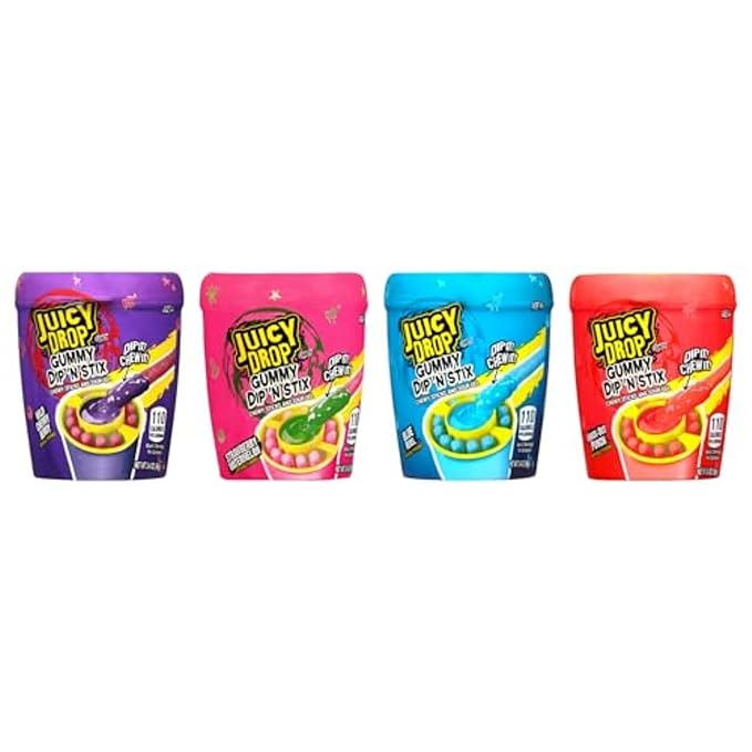 Juicy Drop Gummy Dip 'N Stix Assorted Christmas Candy Variety Pack, Sweet Gummy Sticks W/ Sour Dipping Gel, 8Ct, Sour Candy Pack for Party Favors, Stocking Stuffers, Kids Gifts