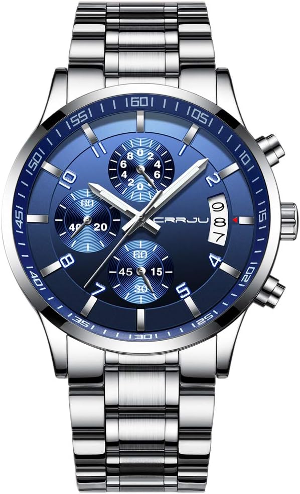 CRRJU Men's Fashion Stainless Steel Watches Date Waterproof Chronograph Wristwatches,Black Steel Band Waterproof Quartz Watch for Men