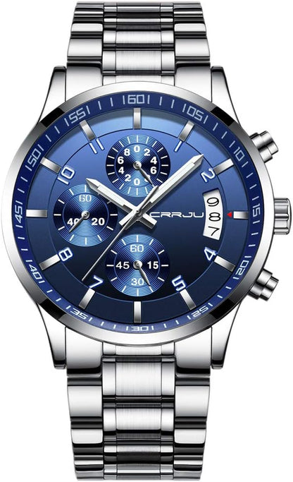 CRRJU Men's Fashion Stainless Steel Watches Date Waterproof Chronograph Wristwatches,Black Steel Band Waterproof Quartz Watch for Men